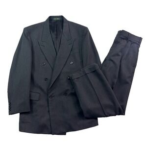 vtg 90s Hunting Horn 40S 33x39 2pc Pant Suit Double Breasted Charcoal Wool Blend